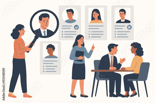 Recruitment process vector concept. HR manager with magnifying glass screening resumes. Candidate selection and job interview. Human resources, hiring, employment, career choice.