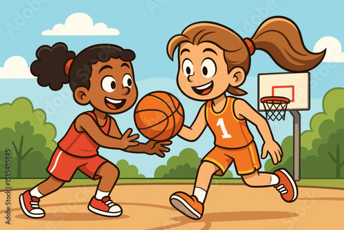 Two cute cartoon girls playing basketball outdoors. Happy diverse children in sportswear competing in a friendly game. Vector illustration of kids' sport, friendship, and activity.