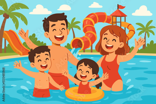 Happy family having fun at the aquapark on summer vacation. Parents and children playing on water slides and swimming in the pool. Outdoor leisure and recreational holiday activity.