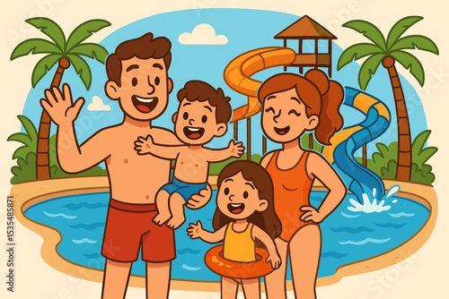 Happy cartoon family having fun at a water park. Mother, father, son, and daughter on summer vacation. People at a swimming pool with water slides. Leisure and togetherness concept.
