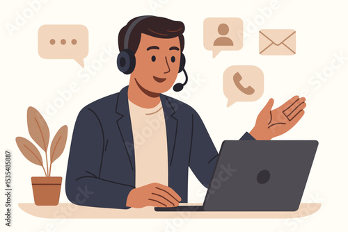 Call center operator man with headset working on laptop. Customer service agent providing support and assistance. Hotline, help desk, online consultation character concept vector.
