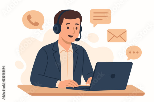 Customer support operator illustration. Male call center agent with headset at laptop. Concept of online help, client assistance, hotline, technical support and communication.