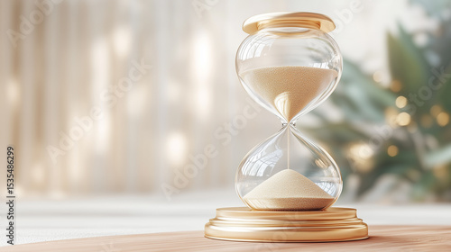 Close-up of a modern hourglass on a wooden surface with a soft, blurred background, highlighting the beauty of timekeeping
