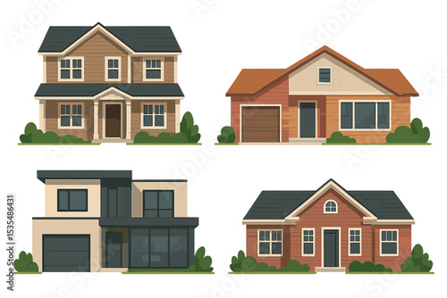 House collection vector illustration. Set of diverse residential buildings. Modern, traditional, and suburban home facades. Real estate property icons. Family house architecture exterior.