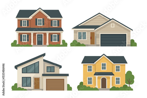 Vector illustration set of diverse houses. Collection of suburban family home exteriors with different architectural styles. Modern, classic, and traditional house facades.