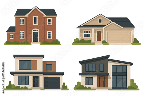 Vector set of house facades. Collection of diverse residential homes. Modern contemporary, traditional brick, and suburban family houses. Real estate property architecture icons.