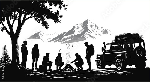 Campfire Silhouette With Mountains Four Wheel Drive Vehicle And Group