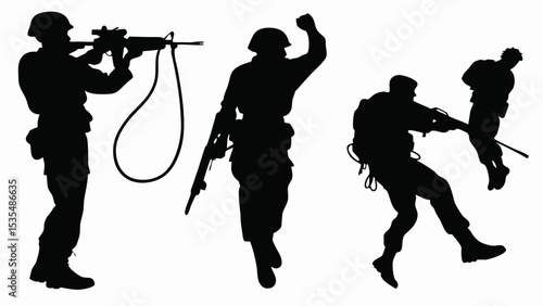 Silhouette depictions of soldiers in various combat and tactical positions on a white background scene created with generated ai