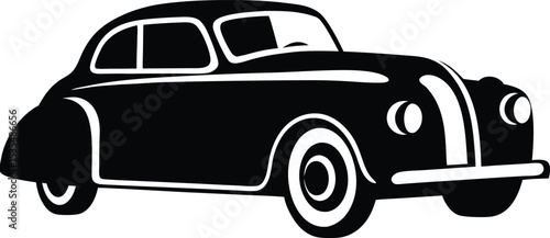 Black Silhouette Vector of Retro Classic Car with Rounded Body – Antique Vehicle Icon for Auto History, Collector, or Transportation Design