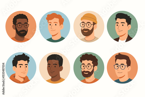 Diverse male avatar collection. Multicultural men profile pictures set. Young adult user icons for website or app. Modern flat design character portraits. Vector people headshots.
