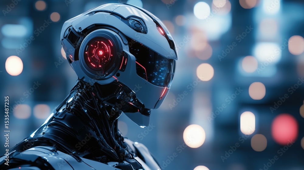 Fototapeta premium Futuristic Vision: A close-up of a robot head with glowing red eyes, showcasing advanced technology.