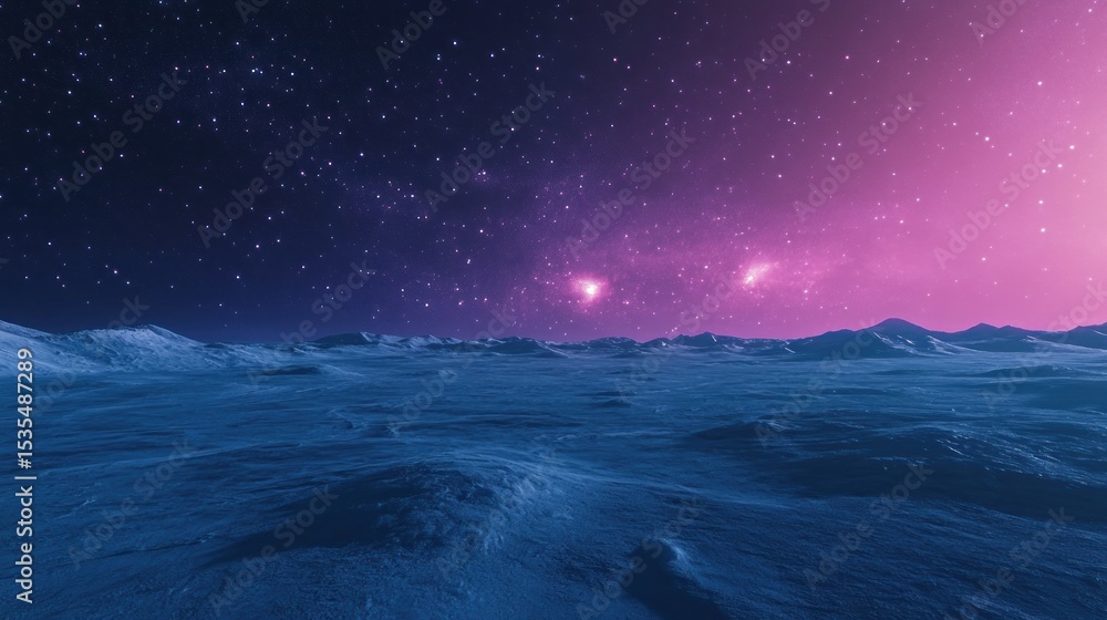 Fototapeta premium Majestic alien landscape featuring a celestial cosmic backdrop and snow planet surface