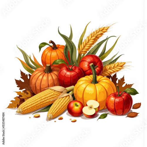 Colorful autumn harvest display with pumpkins, apples, and corn  