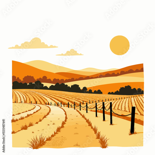 Sunset over rolling hills with golden fields and fence lines  