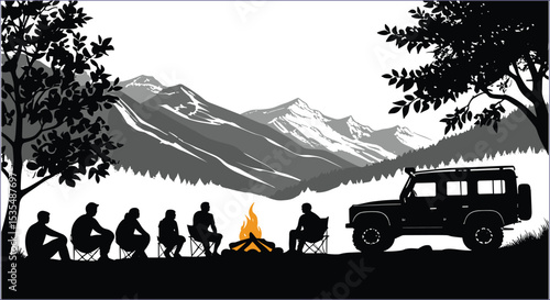 Silhouette Campers Near Fire With 4X4 Mountains And Trees Background