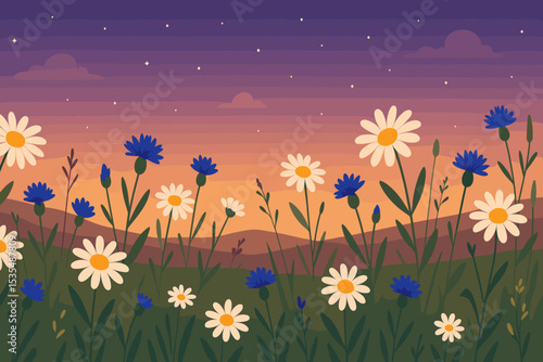 Dreamy twilight flower meadow with blooming daisies and blue cornflowers. Vector landscape background of a summer field at sunset with a starry sky. Serene nature illustration.
