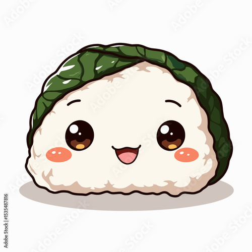 Cute cartoon sushi character with smiling face and green seaweed  