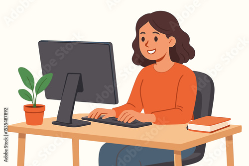 Happy woman working at her desk on a computer. Smiling female professional, freelancer or office employee typing. Remote work, home office, job satisfaction, career concept. Vector.