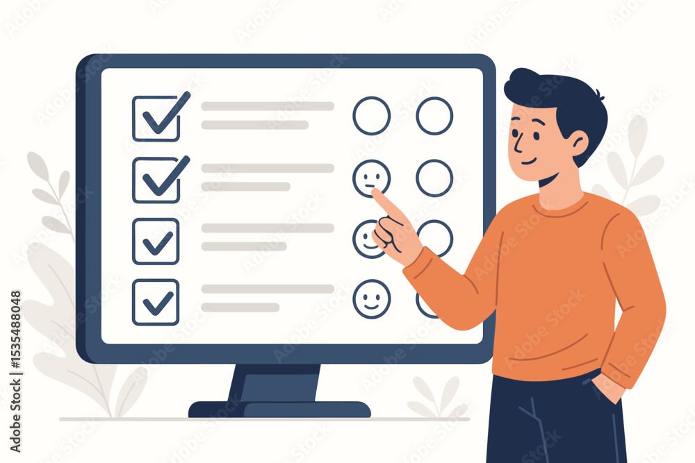Man giving feedback on online survey. Customer satisfaction rating using emoticons. User experience evaluation concept. Digital checklist and review form on computer screen. Vector. Man giving feedback on online survey. Customer satisfaction rating using emoticons. User experience evaluation concept. Digital checklist and review form on computer screen. Vector.