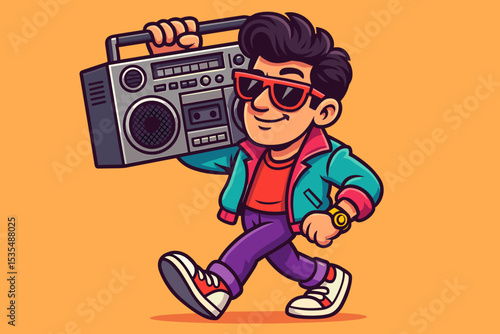 Retro 80s cartoon character walking with a boombox on his shoulder. Cool dude in vintage fashion with sunglasses listening to music. Hip hop culture vector illustration mascot.
