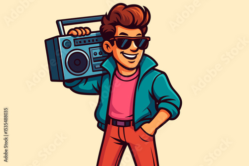 Cool retro 80s cartoon man character with a boombox. Young guy in vintage fashion with sunglasses listening to music. Nostalgic ghetto blaster vector illustration for a party.