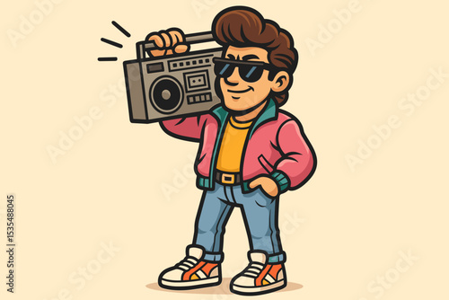 Cool dude in 80s fashion holding a boombox on his shoulder. Retro cartoon character mascot from the 1980s. Man with sunglasses and ghetto blaster. Vintage music vector.