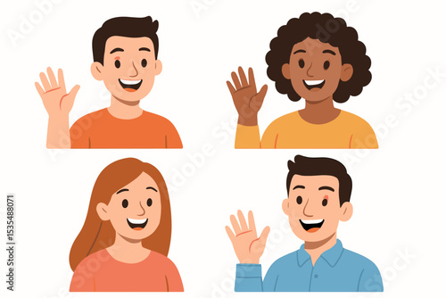 Set of diverse people waving hands. Cheerful multiethnic avatar collection. Happy men and women smiling and greeting. Cartoon characters for profile picture. Friendly greeting vector.
