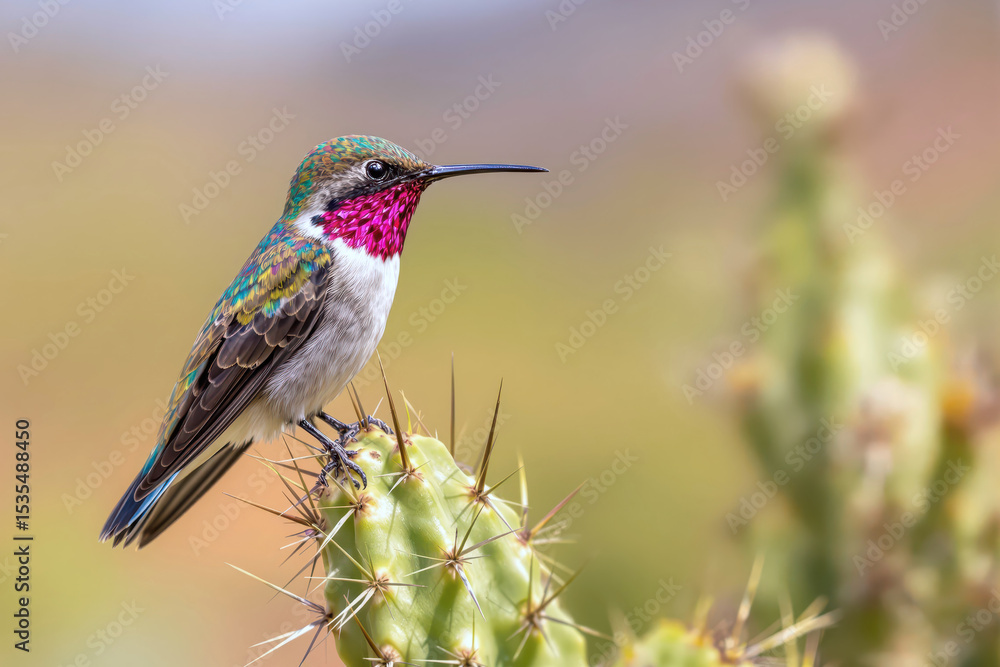 Naklejka premium A portrait of a Costa’s hummingbird, with its striking magenta throat patch, perched on a cactus spine in a sunlit desert landscape.
