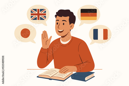 Language learning concept. Multilingual man speaking foreign languages. Polyglot student studying English, German, French, Japanese. International communication, translation and education vector.
