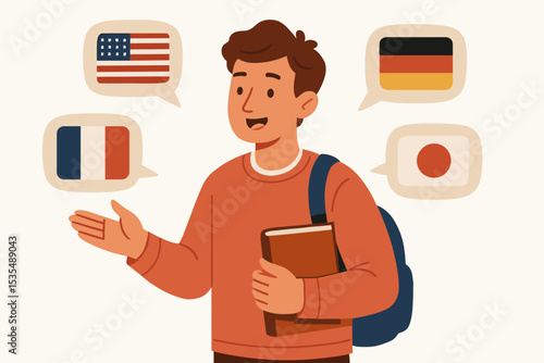 Polyglot student vector illustration. Multilingual man learning foreign languages. International communication, education concept. Exchange student speaking English, German, French.