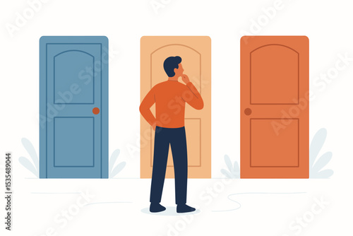 Man choosing between three doors. Concept of choice, decision making, and opportunity. Metaphor for life path, career options, or future strategy. Dilemma and solution finding.