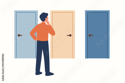 Man choosing a door concept. Making a decision about the future, career path, or life opportunity. Businessman facing a dilemma, thinking about different choices and solutions.
