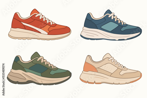 Trendy sneakers collection. Set of four colorful retro sport shoes. Vector illustration of fashion footwear for running, walking and training. Isolated casual athletic design.