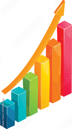 A 3D isometric vector of a bar chart with an upward arrow, representing financial growth, performance metrics, and business success. Clean and professional style.