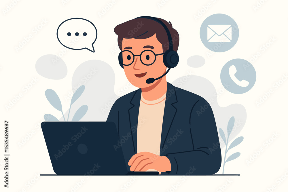 Customer support operator. Man with headset and microphone working on a laptop. Call center agent providing help desk assistance. Hotline service, online consultation concept. Customer support operator. Man with headset and microphone working on a laptop. Call center agent providing help desk assistance. Hotline service, online consultation concept.