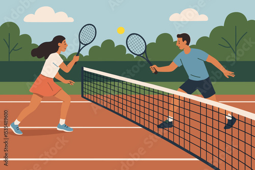 Young couple playing tennis on an outdoor clay court. Man and woman engaged in a friendly match. Active lifestyle, summer sports, and recreation concept. Flat vector illustration.