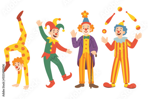 Set of funny circus clowns and jesters. Collection of carnival performers. Juggler, acrobat doing handstand, and happy characters in colorful costumes. Cartoon vector illustration.