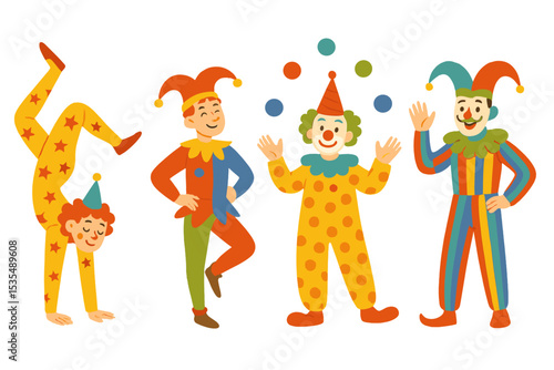 Funny circus clown and jester character set. Vector collection of happy carnival performers. Acrobat doing a handstand, clown juggling balls. Entertainment show artist illustration.