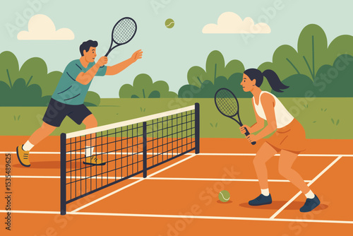 Mixed doubles tennis match concept. Man and woman playing sports on an outdoor clay court. Couple enjoying a healthy active lifestyle. Summer recreational game vector illustration.