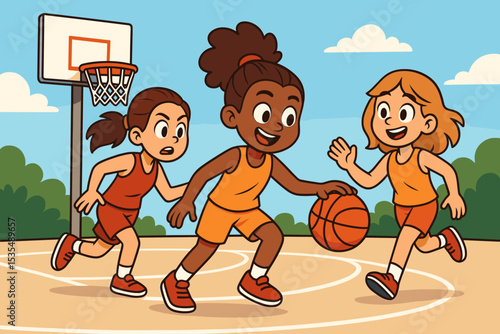 Diverse group of kids playing basketball game on outdoor court. Girls team competition. Children sports, active healthy lifestyle. Female players cartoon vector illustration.