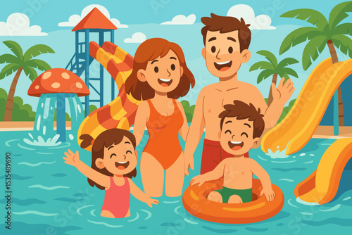 Happy family fun at aquapark. Parents and children on summer vacation at a water park. People enjoying slides and swimming pool. Outdoor leisure and holiday recreation concept vector.
