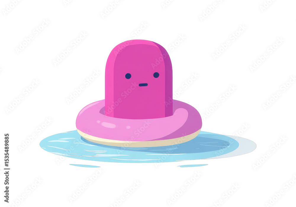 Fototapeta premium Cartoon character with pink inflatable ring floating on water