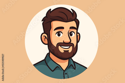 Cartoon man portrait with a friendly smile. Vector illustration of a handsome young adult with a beard and brown hair. Character avatar for a business profile picture or icon.