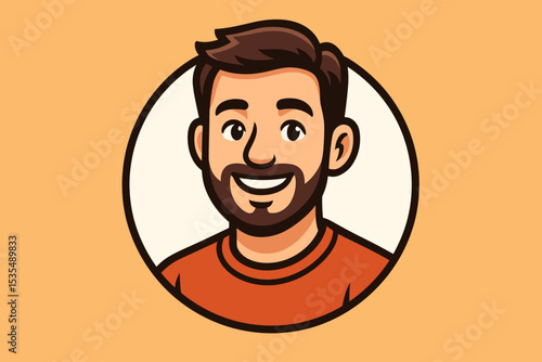 Cartoon man portrait illustration. Smiling friendly young guy with a beard. Character headshot for avatar, profile picture, or mascot logo. Happy handsome male character vector icon.
