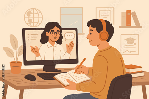 Online education and e-learning concept. Student at home desk with headphones watching webinar. Teacher on computer screen for virtual class. Distance learning vector illustration.