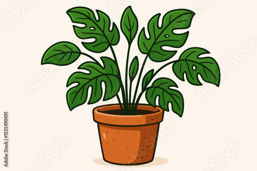 Monstera deliciosa houseplant in a terracotta pot vector illustration. Swiss cheese plant icon for home decor. Indoor gardening, urban jungle, botany, foliage, and nature concept.
