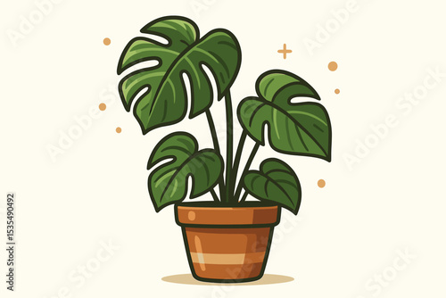 Potted Monstera deliciosa plant vector icon. Trendy Swiss cheese houseplant illustration isolated. Botanical symbol for home decor, urban jungle or green lifestyle concept.