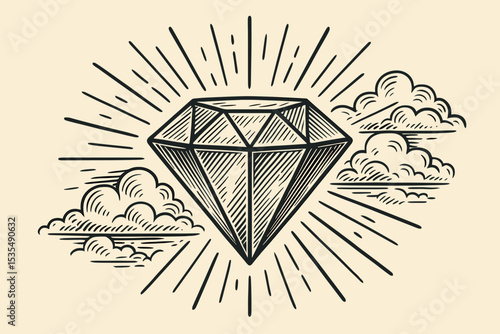 Hand-drawn diamond in vintage engraving style. Retro jewel with sunburst and clouds. Old school tattoo art sketch. Concept of luxury, value, treasure and wealth. Precious gem.