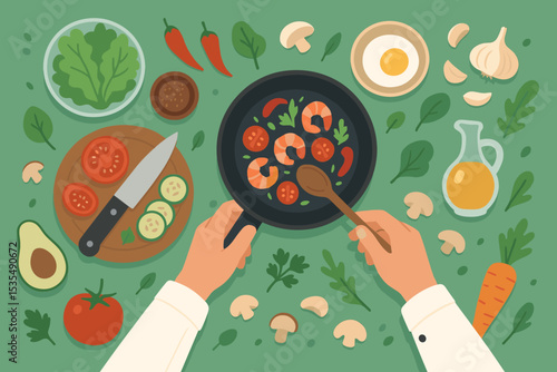 Cooking process top view with hands preparing a healthy meal. Chef cooking shrimp and fresh vegetables in a pan. Flat lay food preparation for recipe or culinary class concept.
