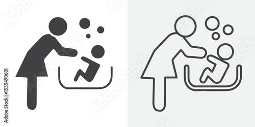 Mother washing baby in bath tub icon Line graphics illustration